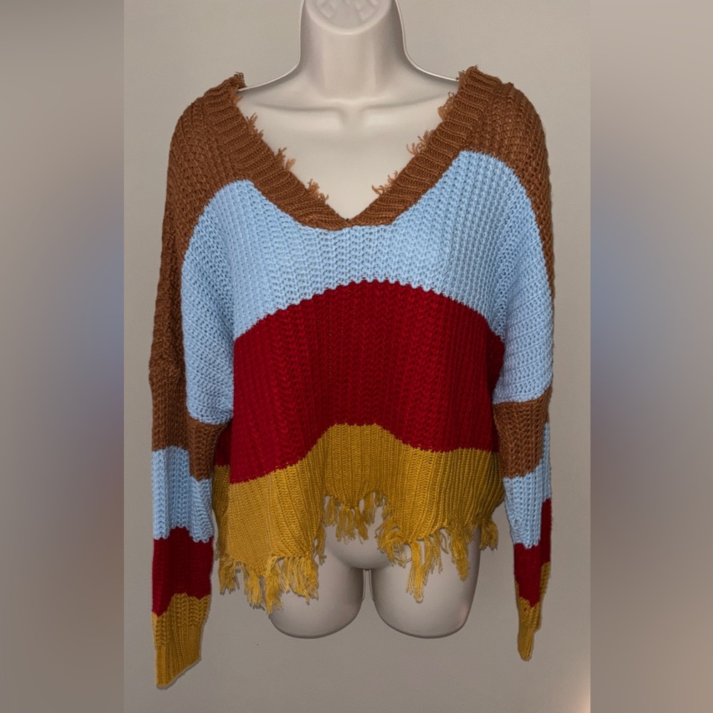 Colorful V-Neck Frayed Hem Sweater